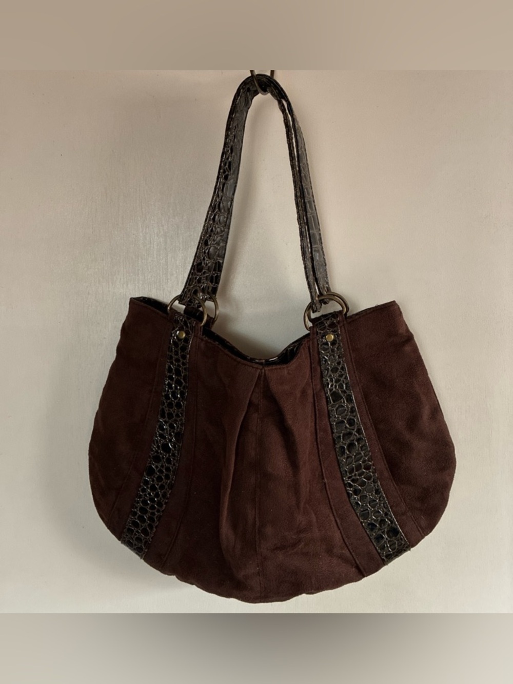 Chocolate Brown Faux Suede Hobo Bag W/Faux Leather Trim & Handles 16x11” Large